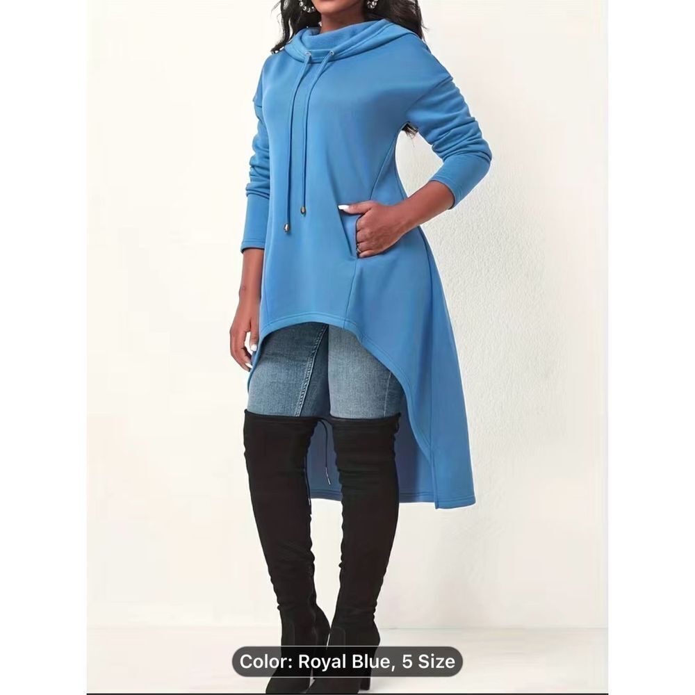 Solid Color Hig-low Hoodie, Casual Long Sleeve Drawstring Hoodie Sweatshirt, Wom